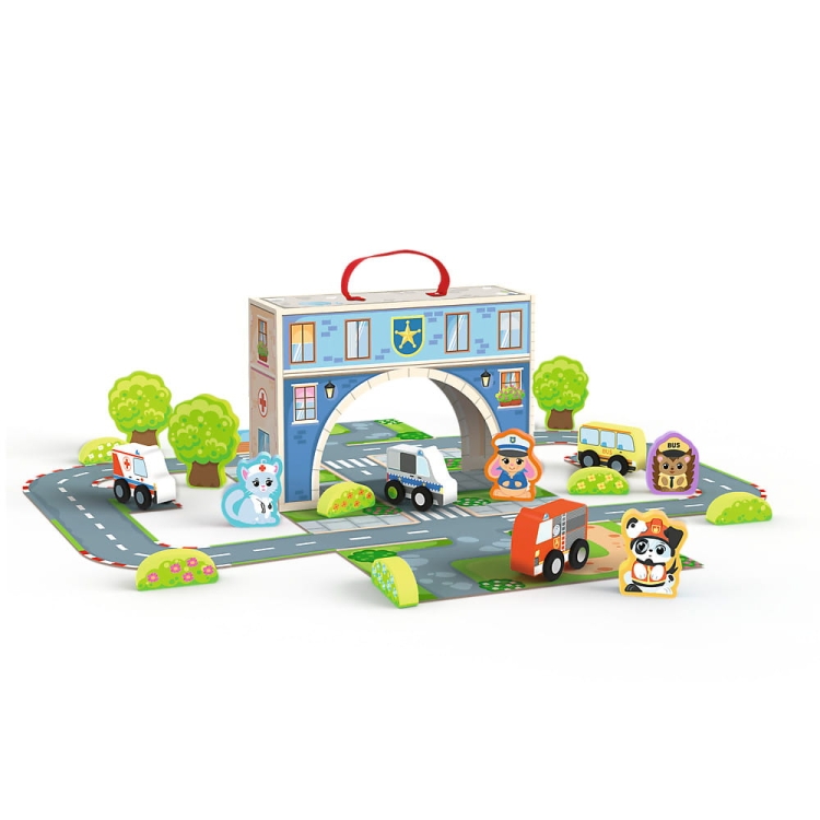 61816 magnetyczny kuferek z drewnianymi figurkami miasto