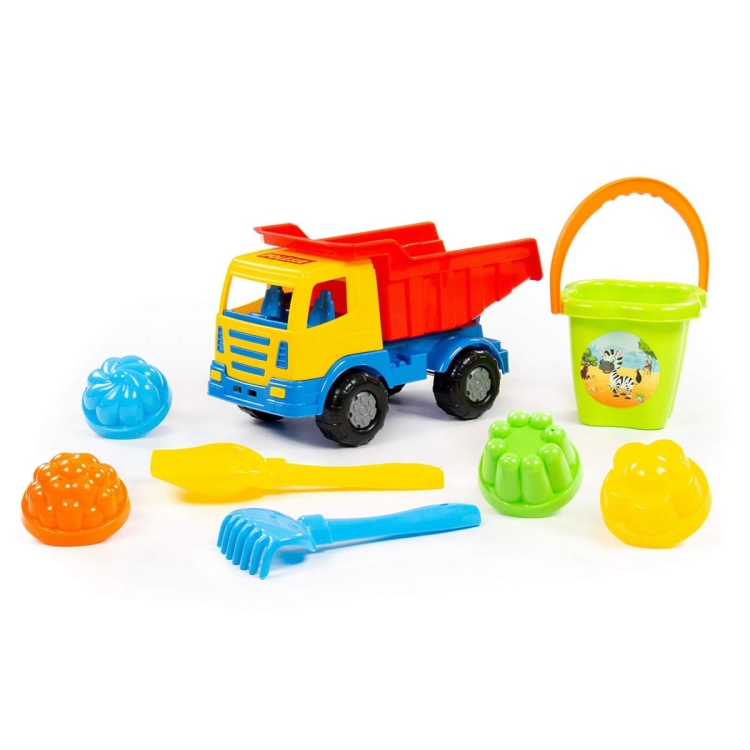 Zestaw Nr185 "Miraż", samochód-wywrotka + wiaderko + łopatka + grabki + 4 foremki - Polesie