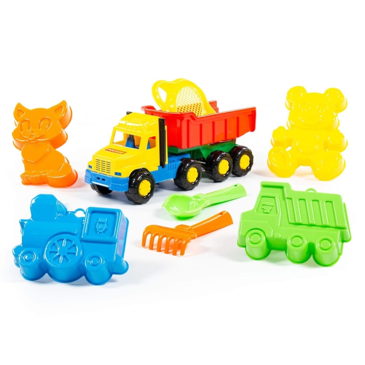 Zestaw Nr105: "Faworyt", wywrotka + sito-kwiatek, szufelka, grabki, foremki (wywrotka + lokomotywa), foremki (kotek + niedźwiedź) - Polesie