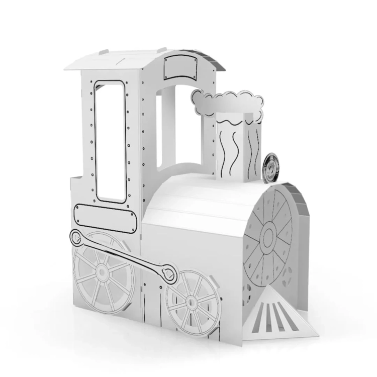 Kartonowa lokomotywa do składania i malowania z białą powierzchnią, gotowa do kolorowania przez dzieci.