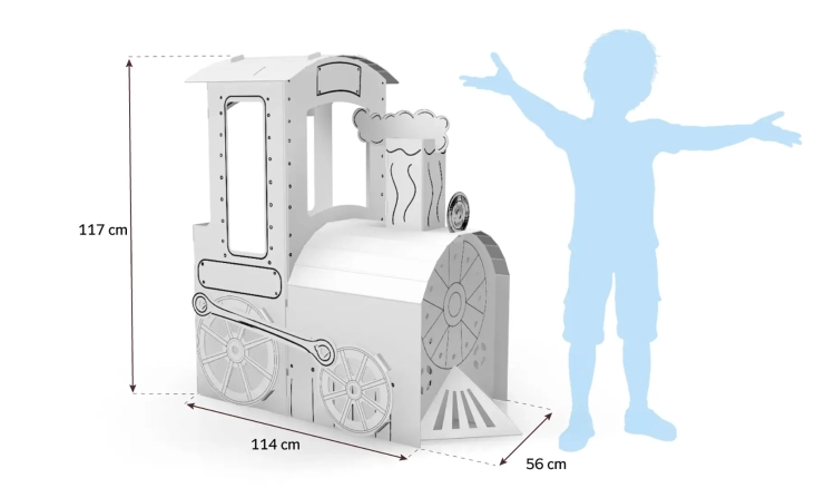 Widok na zabawkę z kartonu "Lokomotywa" z sylwetką dziecka i wymiarami.
