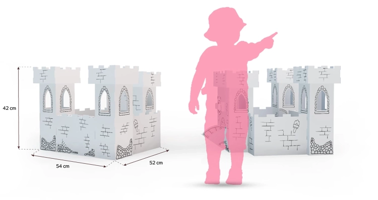 Wymiary zamku z kartonu XS, przedstawione obok sylwetki dziecka dla porównania.