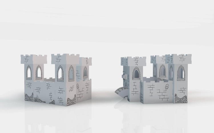 Zamek z kartonu do składania i malowania, widok z różnych stron, przygotowany do dekorowania przez dzieci