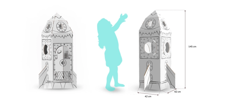 Rakieta z papieru z wymiarami i sylwetką dziecka dla porównania - kreatywna zabawka dla dzieci