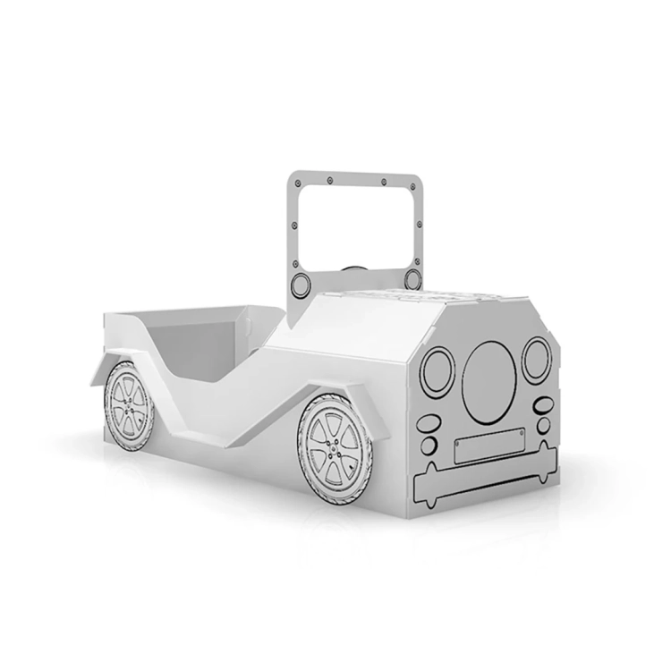 Zdjęcie przedstawia samochód z kartonu do składania i kolorowania dla dzieci,