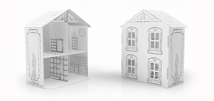 Zabawka z tektury dla dzieci - domek dla lalek do kolorowania i składania, w pełni ekologiczna i bezpieczna.