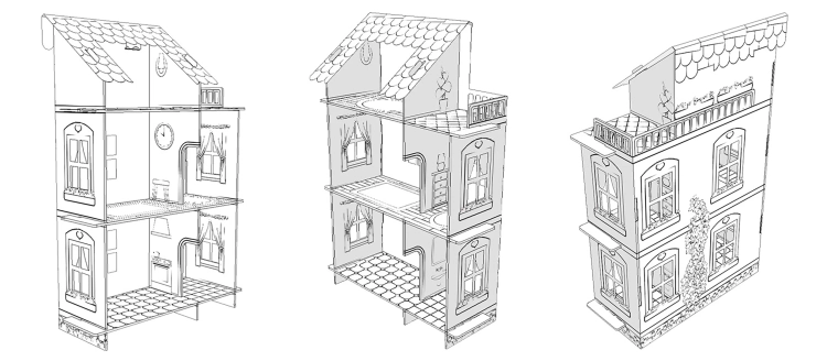 Ekologiczny domek z kartonu dla lalek - przód i boki