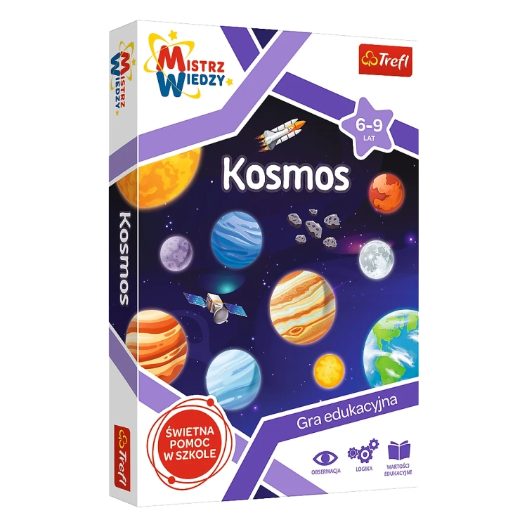 Opakowanie gry edukacyjnej Kosmos z serii Mistrz Wiedzy od Trefl, przeznaczonej dla dzieci w wieku 6-9 lat. Gra przedstawia układ planetarny oraz elementy kosmosu, takie jak planety, rakiety i satelity.