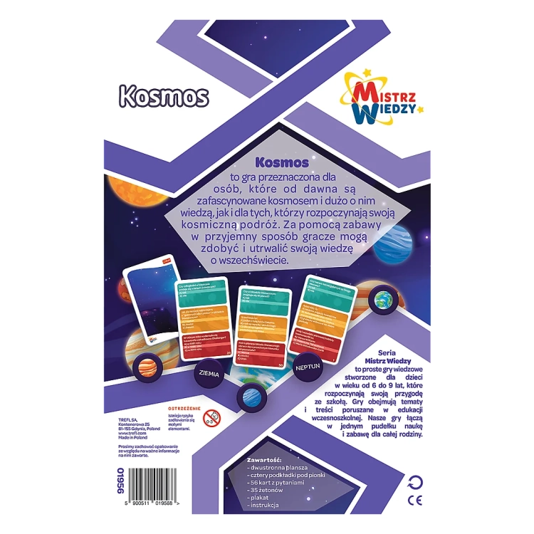 Tył opakowania gry edukacyjnej Kosmos z serii Mistrz Wiedzy od Trefl. Zawiera opis gry oraz przykładowe karty z pytaniami i zadaniami dotyczącymi planet i układu słonecznego.
