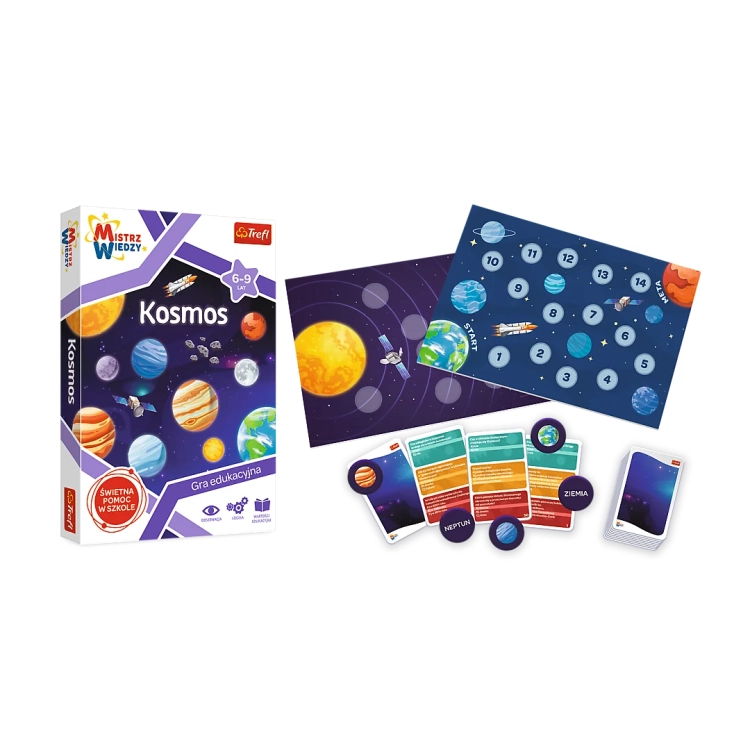 Zawartość gry edukacyjnej Kosmos z serii Mistrz Wiedzy od Trefl, w skład której wchodzą plansza, karty z pytaniami, pionki i inne elementy do nauki o kosmosie dla dzieci w wieku 6-9 lat.