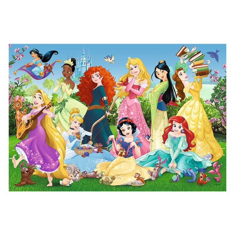 Ilustracja z puzzli Trefl Disney Princess przedstawiająca księżniczki Disneya na tle zamku i ogrodu. Wśród postaci znajdują się Arielka, Roszpunka, Merida, Kopciuszek i inne.