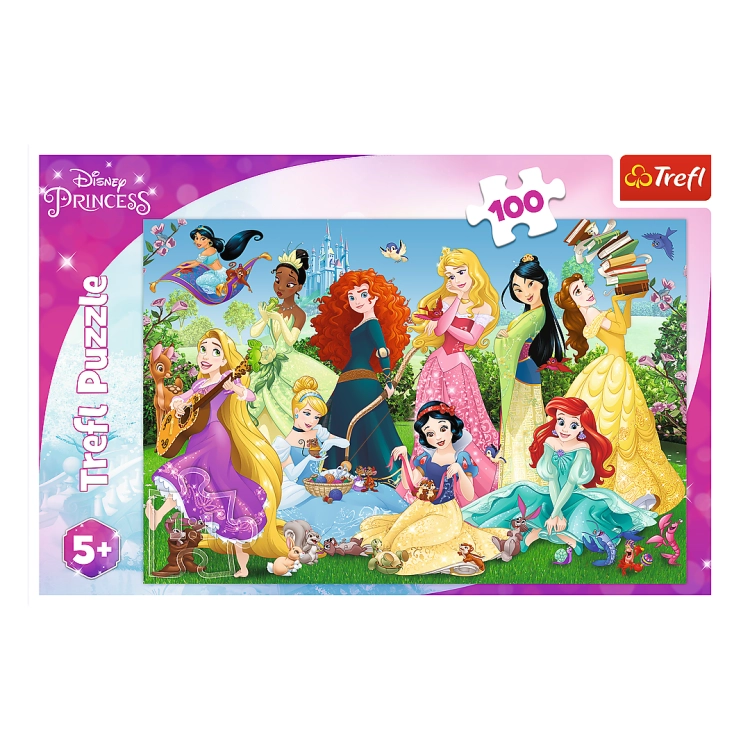 Opakowanie puzzli Trefl z serii Disney Princess, zawierające ilustrację księżniczek Disneya, takich jak Mulan, Bella, Aurora i inne, na tle kwitnącego ogrodu. Puzzle składają się ze 100 elementów i są odpowiednie dla dzieci od 5 roku życia.