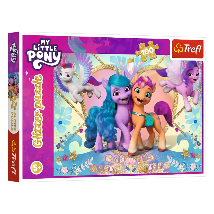 Opakowanie puzzli Trefl z serii My Little Pony, przedstawiające uśmiechnięte kucyki w błyszczącej oprawie. Puzzle składają się ze 100 elementów i są przeznaczone dla dzieci od 5 roku życia.