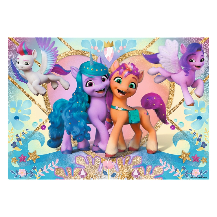 Ilustracja z puzzli My Little Pony od Trefl, przedstawiająca trzy kolorowe kucyki w błyszczącej, ozdobnej scenerii, z uśmiechami na twarzach. Idealne dla dzieci powyżej 5 roku życia.