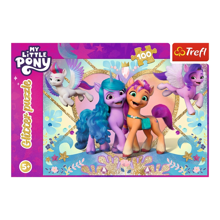 Opakowanie puzzli Trefl My Little Pony, z ilustracją trzech przyjaznych kucyków na tle ozdobionym złotymi, błyszczącymi detalami. Puzzle zawierają 100 elementów i są przeznaczone dla dzieci od 5 lat.