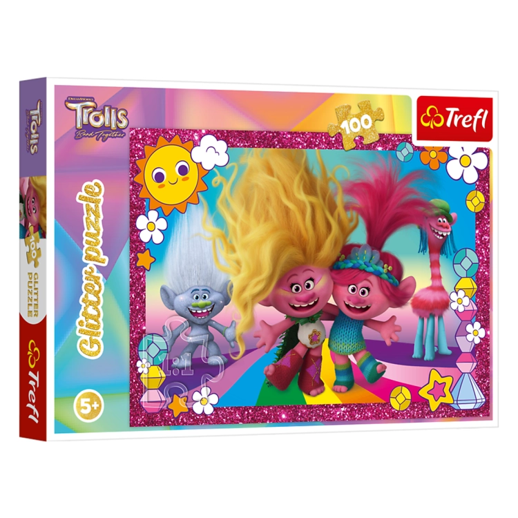 Opakowanie puzzli Trefl z serii Trolle, przedstawiające kolorowe postacie z filmu Trolle na tle błyszczącej, różowej ramki. Puzzle składają się ze 100 elementów i są przeznaczone dla dzieci od 5 roku życia.