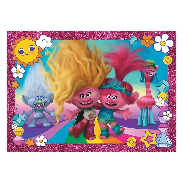 Ilustracja z puzzli Trolle od Trefl, przedstawiająca uśmiechnięte postacie z filmu Trolle, otoczone błyszczącą różową ramką z kolorowymi kwiatkami i gwiazdkami. Idealne dla dzieci powyżej 5 roku życia.