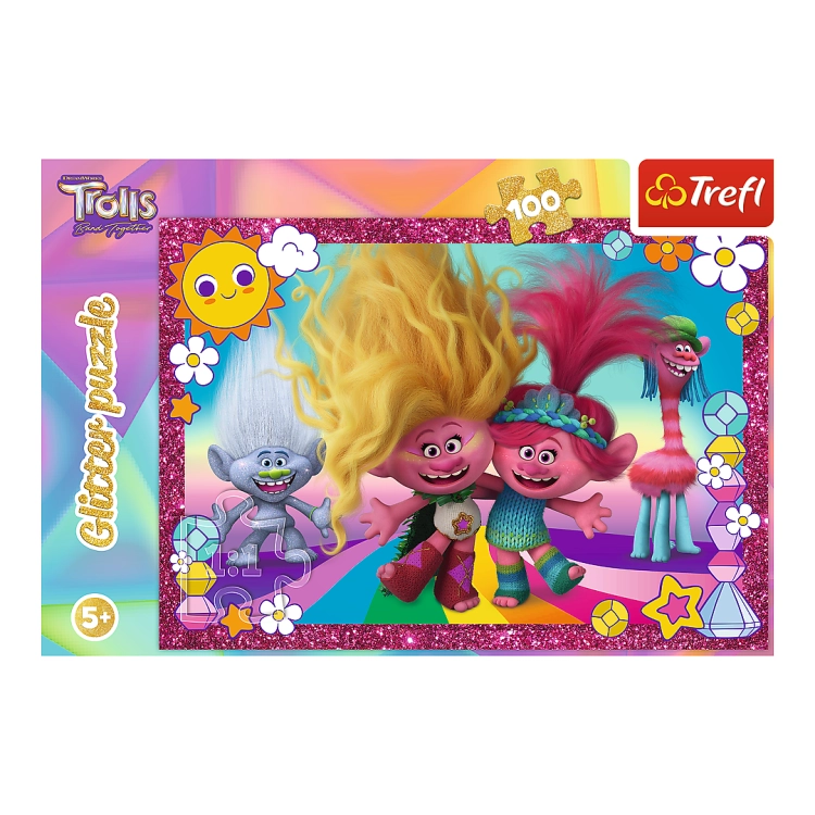Opakowanie puzzli Trefl Trolle, z ilustracją postaci z filmu Trolle w kolorowej, błyszczącej oprawie. Puzzle zawierają 100 elementów i są przeznaczone dla dzieci od 5 lat.