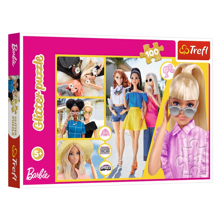 Opakowanie puzzli Trefl z serii Barbie, przedstawiające różne postacie lalek Barbie w modnych stylizacjach. Puzzle składają się ze 100 elementów i są przeznaczone dla dzieci od 5 roku życia. W tle różowa ramka z brokatowymi elementami.