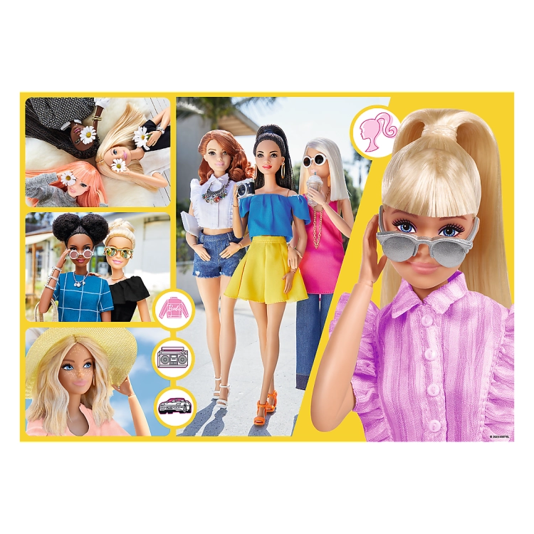 Ilustracja z puzzli Barbie od Trefl, przedstawiająca lalki Barbie w różnych stylizacjach, od leżakowania na plaży po spacery po mieście. Na obrazku dominują kolory różowy i żółty, a całość otacza brokatowa ramka.