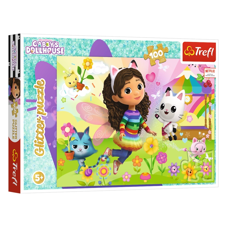 Opakowanie puzzli Trefl z serii Gabby's Dollhouse, przedstawiające uśmiechniętą postać Gabi oraz jej uroczych przyjaciół, otoczone brokatowymi elementami. Puzzle składają się ze 100 elementów i są przeznaczone dla dzieci od 5 roku życia.
