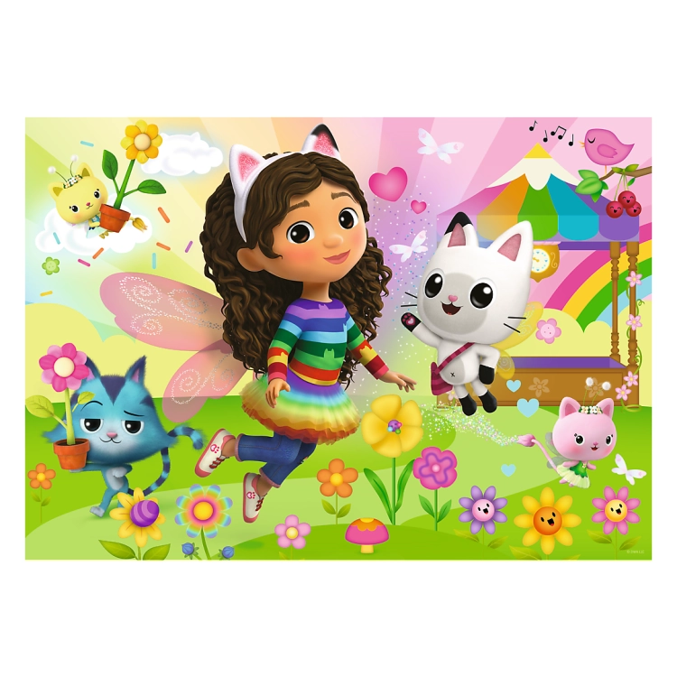 Ilustracja z puzzli Gabby's Dollhouse od Trefl, ukazująca Gabi w kolorowej sukience oraz jej przyjaciół, w otoczeniu kwiatów i brokatowych detali. Idealne dla dzieci powyżej 5 roku życia