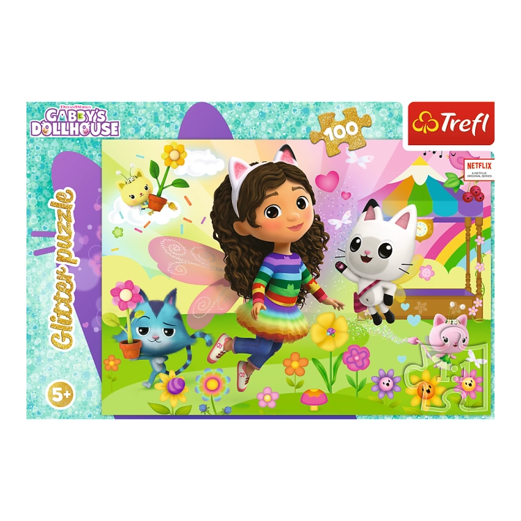 Opakowanie puzzli Trefl Gabby's Dollhouse, ukazujące postać Gabi z jej przyjaciółmi na tle kolorowego, brokatowego krajobrazu. Puzzle zawierają 100 elementów i są odpowiednie dla dzieci od 5 lat.