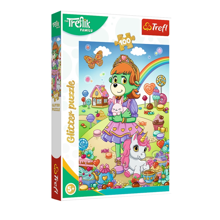 Opakowanie puzzli Trefl z serii Glitter Brokatowe Trefliki, przedstawiające postać z bajki Trefliki w cukierkowej krainie z jednorożcem i kolorowymi słodyczami. Puzzle składają się ze 100 elementów i są przeznaczone dla dzieci od 5 roku życia.