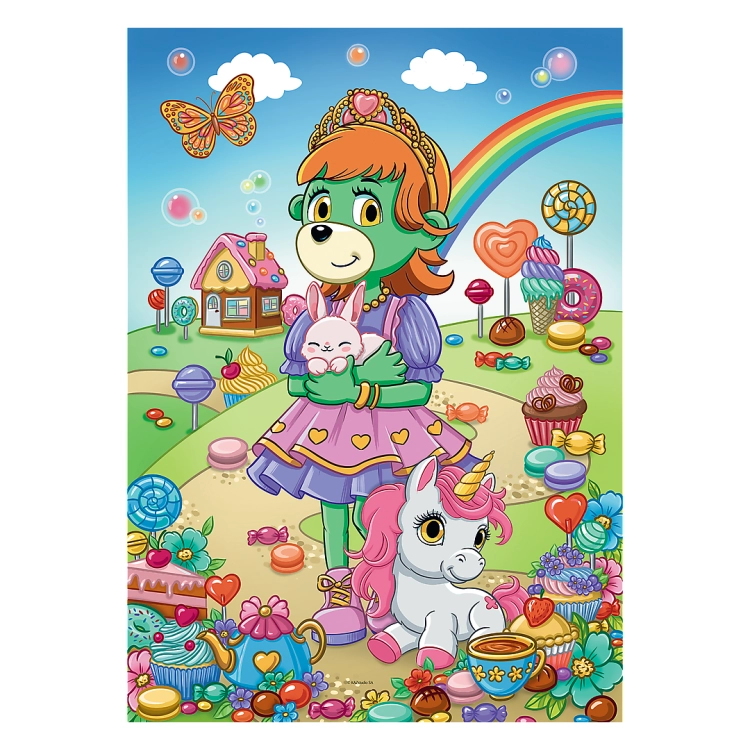 Ilustracja z puzzli Glitter Brokatowe Trefliki od Trefl, ukazująca postać Trefliki z króliczkiem oraz jednorożcem w kolorowej krainie pełnej słodyczy i tęczy. Obrazek otaczają brokatowe detale, tworząc bajkowy klimat.