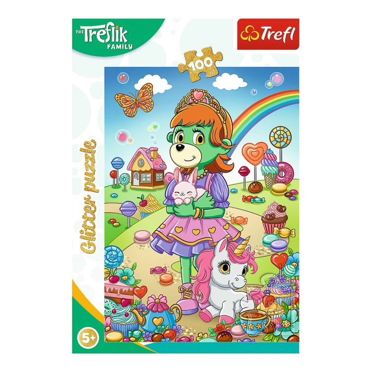 Opakowanie puzzli Trefl Glitter Brokatowe Trefliki, przedstawiające Treflikę w różowej sukience, trzymającą króliczka, z jednorożcem obok, w scenerii pełnej kolorowych słodyczy. Puzzle składają się ze 100 elementów i są odpowiednie dla dzieci od 5 lat.