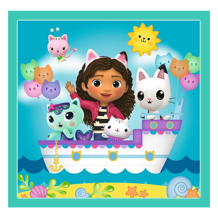 Obrazek z puzzli Trefl, przedstawiający Gabby i jej przyjaciół kotki na pokładzie kolorowej łodzi, w otoczeniu baloników w kształcie kotków. Puzzle składają się z 20 elementów