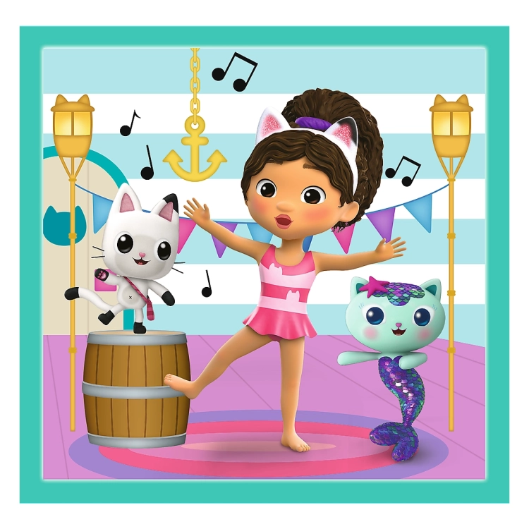 Obrazek z puzzli Trefl, ukazujący Gabby w stroju baletowym, tańczącą wraz z kotkami w kolorowym pokoju ozdobionym kotwicami i nutkami. Puzzle składają się z 36 elementów