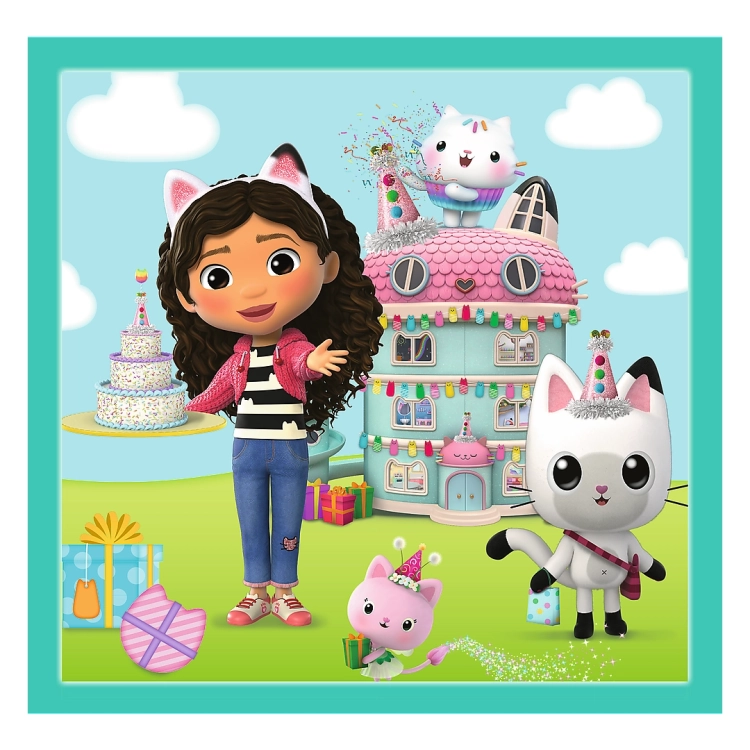 Obrazek z puzzli Trefl, pokazujący Gabby i jej przyjaciół kotki świętujących przed kolorowym domkiem z tortami i prezentami. Puzzle składają się z 50 elementów.