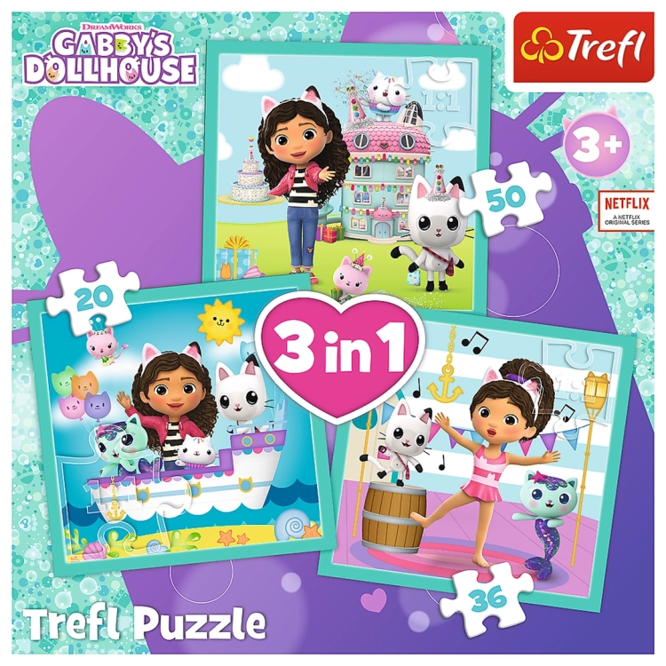 Opakowanie puzzli Trefl 3w1 Gabby's Dollhouse z trzema różnymi scenkami przedstawiającymi Gabby i jej przyjaciół kotki podczas różnych aktywności. Puzzle składają się z 20, 36 i 50 elementów, odpowiednie dla dzieci od 3 lat