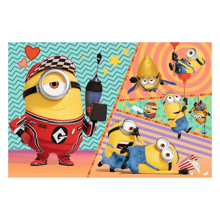 Obrazek ułożony z 60-elementowych puzzli Trefl, przedstawiający Minionka w stroju rajdowca oraz inne Minionki w humorystycznych sytuacjach na tle kolorowych wzorów.