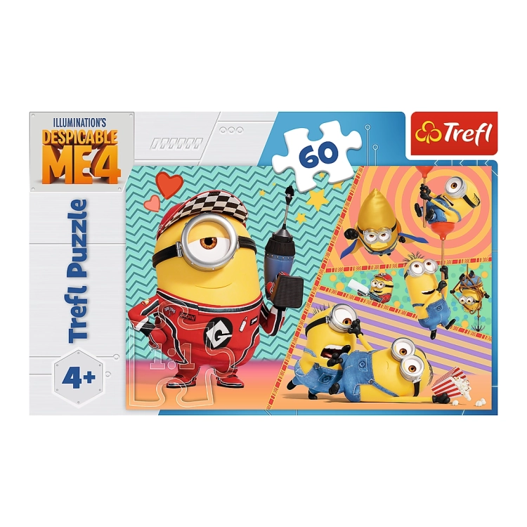 Zbliżenie na ułożony obrazek z puzzli przedstawiający Minionki w różnych komicznych scenach, w tym Minionka w stroju rajdowca, na tle dynamicznych, kolorowych wzorów.