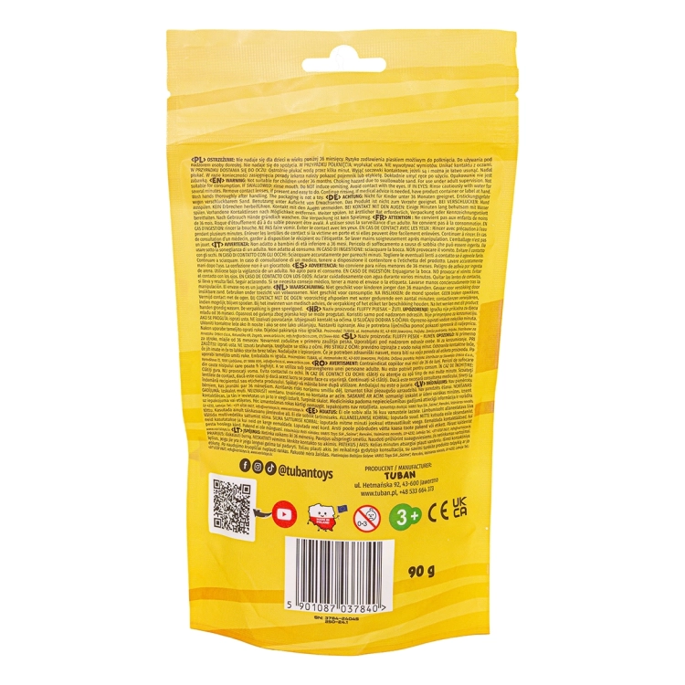 Tył opakowania żółtego piasku dynamicznego Fluffy Sand marki Tuban, z informacjami o produkcie i ostrzeżeniami, 90 g.