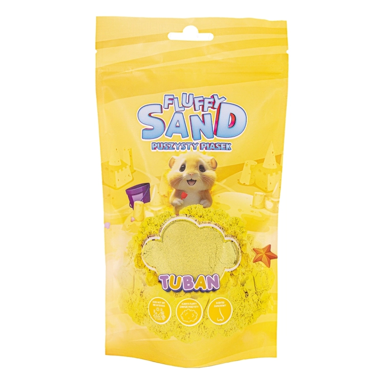 Opakowanie żółtego piasku dynamicznego Fluffy Sand marki Tuban, dedykowanego dla dzieci od 3 lat, 90 g.