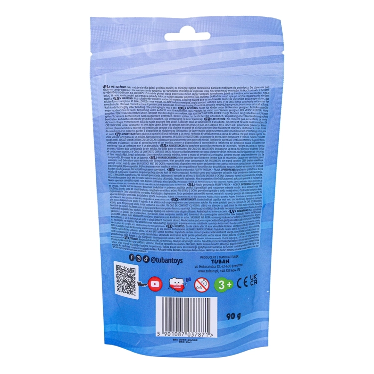 Tył opakowania niebieskiego piasku dynamicznego Fluffy Sand Tuban, 90 g, przeznaczonego dla dzieci od 3 lat.