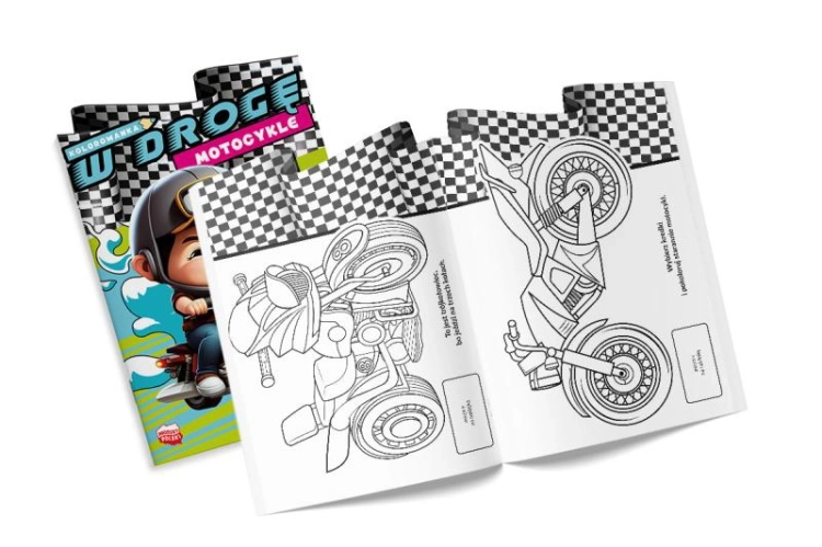 Strona z motocyklem w kolorowance W drogę MOTOCYKLE z naklejkami