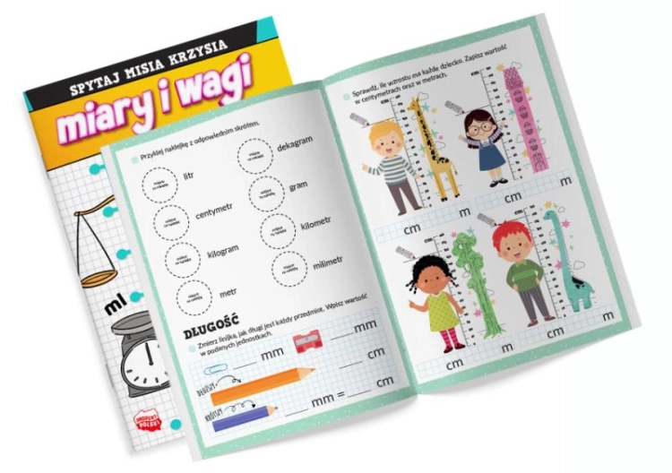 Strona z naklejkami w książce "Spytaj Misia Krzysia: Miary i wagi z naklejkami"
