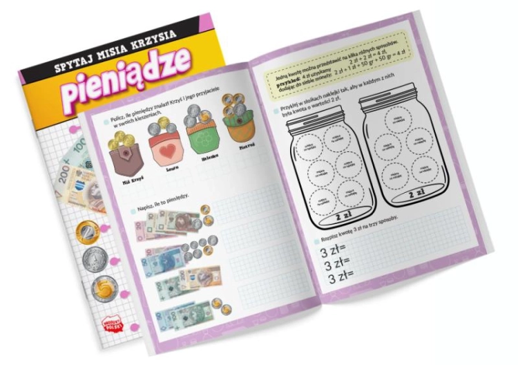Strona z naklejkami w książce "Spytaj Misia Krzysia: Pieniądze z naklejkami"