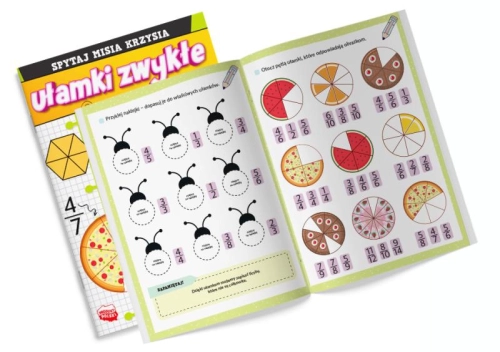 Strona z naklejkami w książce "Spytaj Misia Krzysia: Ułamki zwykłe z naklejkami"