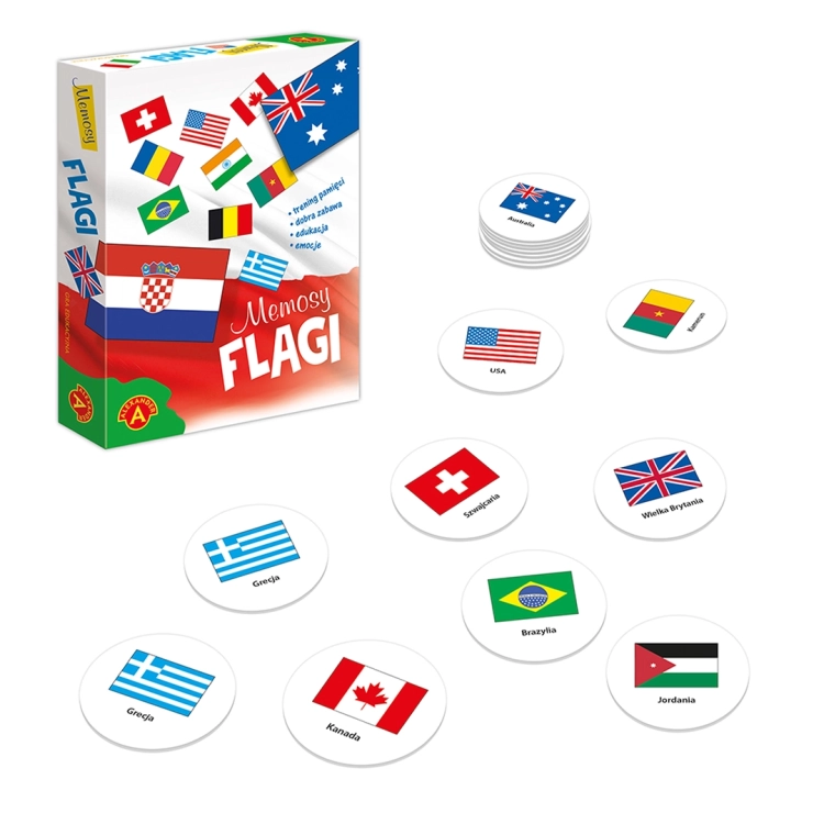 Opakowanie gry „Memosy Flagi” od Alexander i karty z flagami