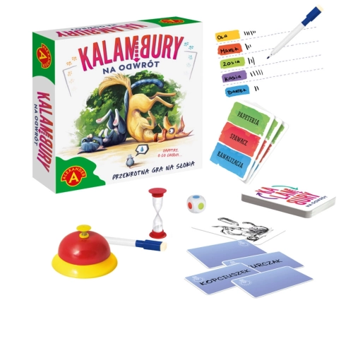 Zawartość gry "Kalambury na odwrót - Familijna" ukazująca karty i akcesoria.