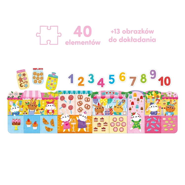 Elementy puzzli z cyframi i króliczkami