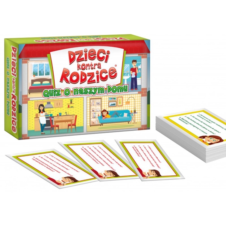 Zawartość gry Dzieci kontra Rodzice Quiz o Naszym Domu – karty i instrukcja