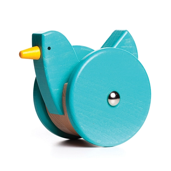Drewniana kura na kółkach wańka wstańka niebieska