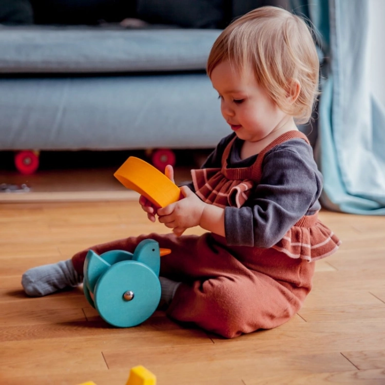 Dziecko bawiące się drewnianą kurą na kółkach Bajo