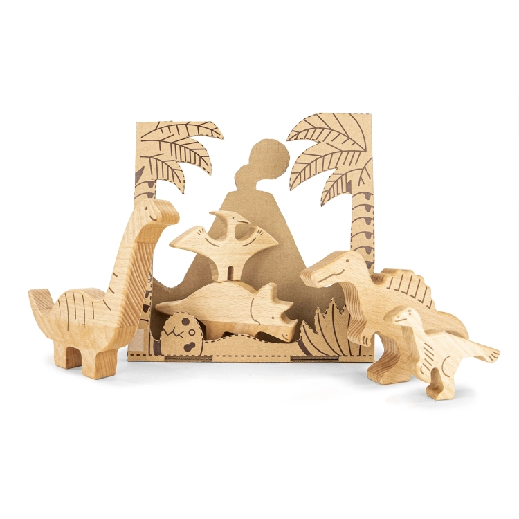 Drewniany zestaw dinozaurów z opakowaniem do scenografii.